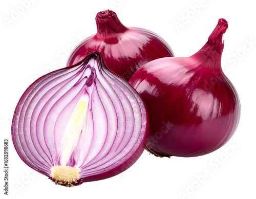 Red whole and sliced onion, isolated on white background
