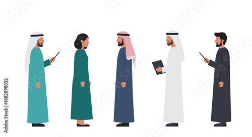 Diverse individuals in traditional middle eastern attire with smartphones and tablet