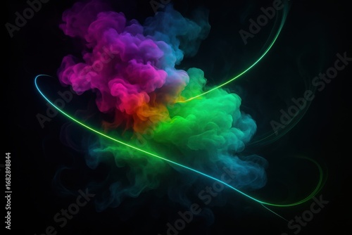 Vibrant multicolored smoke explosion with glowing neon lines on black background colorful abstract