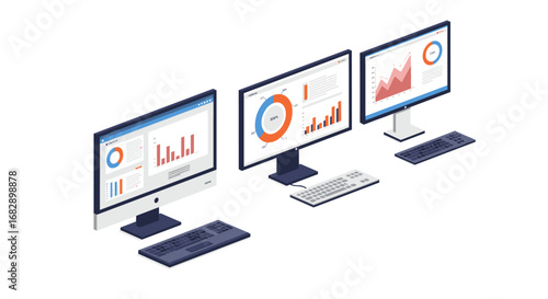 Isometric computer monitors displaying data analytics and graphs