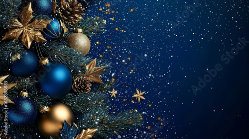 Vibrant Christmas Tree Adorned with Blue and Gold Ornaments