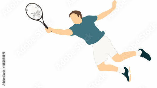 Tennis player reaching for a ball with a racket in mid air on a white background illustration silhouette