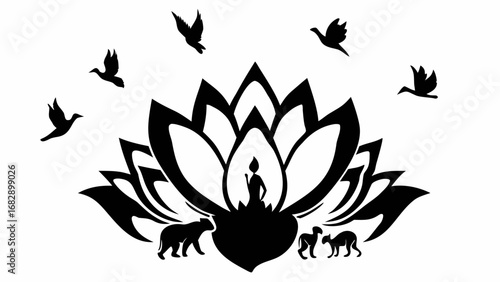 Black and white illustration of a lotus flower with birds, a tiger, and monkeys surrounding a person meditating silhouette