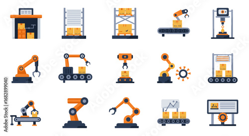 Automated warehouse and robotics system icons collection