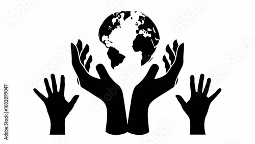 Illustration of hands holding a globe with two additional hands on either side in black and white silhouette