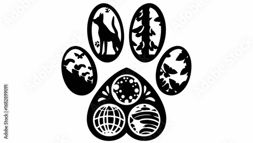Paw print design featuring a wolf, butterflies, leaves, planets, and celestial bodies in black and white silhouette