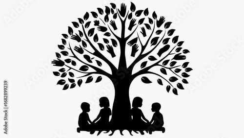 Silhouette of children sitting under a tree with hand shaped leaves in black and white illustration