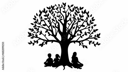 Silhouette of three people sitting under a large tree with many leaves in a peaceful and serene setting