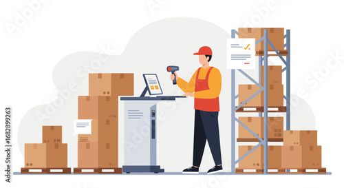 Warehouse worker scanning packages with barcode scanner in modern storage facility