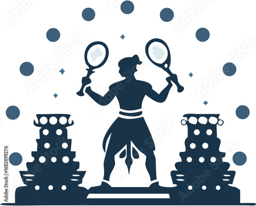 Stylized illustration of a figure holding rackets on a platform surrounded by spheres in navy blue silhouette