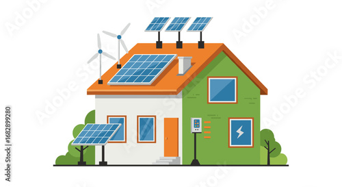 Modern eco-friendly home with solar panels and wind turbines in a flat design