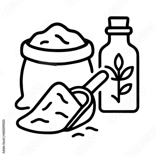 Hand-drawn cartoon vector illustrations of bottles of olive oil, wine, and water, with milk and cups