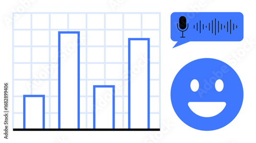 Bar chart analysis beside voice recognition interface and smiling face. Ideal for analytics, technology, voice command, feedback, AI, communication, simple landing page