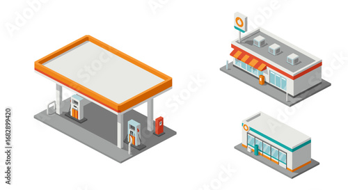 Isometric gas station concept with modern architectural design elements