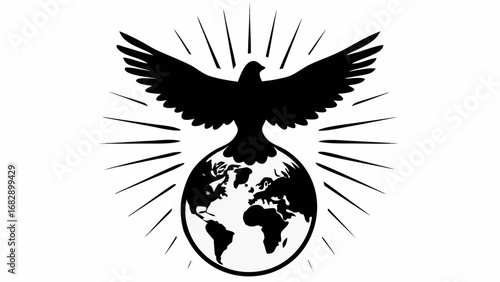 Silhouette of a dove with outstretched wings perched atop a globe radiating light in monochrome design