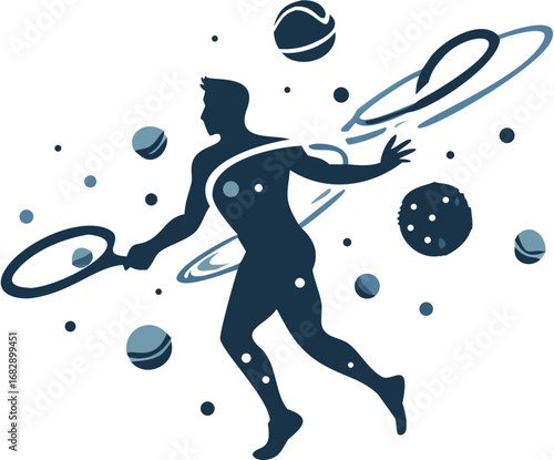 Silhouette of a tennis player with a racket surrounded by planets and cosmic swirls on white background