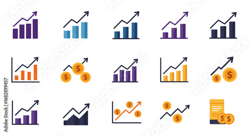 Growth chart icons with currency symbols for financial success and business trends