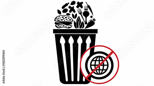 Illustration of a trash can filled with food waste and a no symbol with a globe in the background silhouette