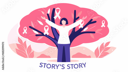 Woman stands with arms outstretched beneath a tree adorned with pink ribbons for breast cancer awareness silhouette