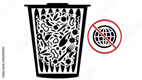 Illustration of a trash can filled with food waste and a no fish symbol indicating food waste ban rule silhouette