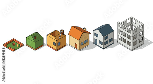 Architectural evolution: from simple shapes to complex structures in isometric design