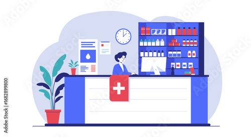 Pharmacy counter with pharmacist in modern flat style