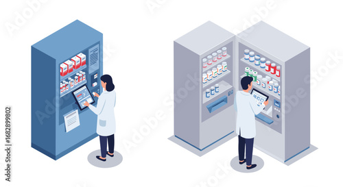 Pharmacists using automated medicine dispensers in modern pharmacy setting