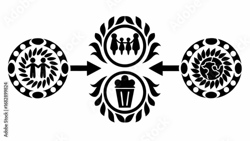 Abstract depiction of community interaction with family, environment, and personal consumption needs silhouette