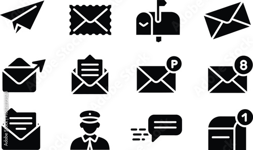 Versatile black glyph symbols elements set for modern communication and messaging, featuring digital email, traditional postal delivery, and essential notification alerts.