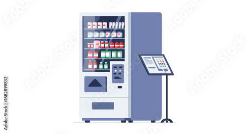 Modern beverage vending machine with interactive touchscreen display in flat design