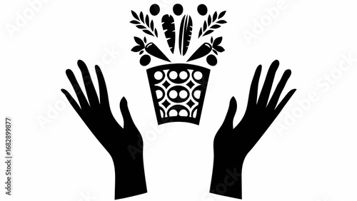 Two hands reaching up towards a decorative pot filled with vegetables and foliage in black and white silhouette
