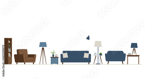 Modern living room furniture set with stylish sofa and armchair in flat design