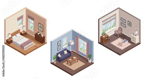 Cozy isometric room collection with bedroom, living room, and nursery interiors
