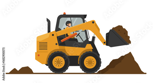 Skid steer loader in flat design moving earth on construction site