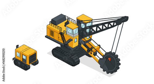 Isometric heavy excavator and generator on white background