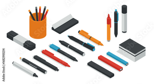 Isometric office supplies set with pens, pencils, and erasers in various colors