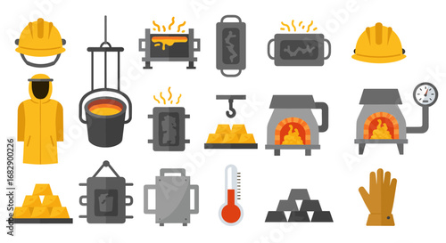 Industrial equipment and safety gear for metalworks and foundry in flat design