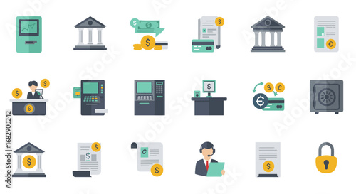 Financial and banking icon set featuring money, security, and documents in flat design