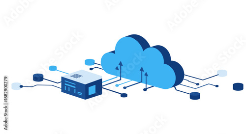 Isometric cloud computing concept with data storage and network connections