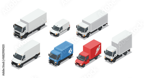 Isometric cargo and delivery trucks collection in various colors