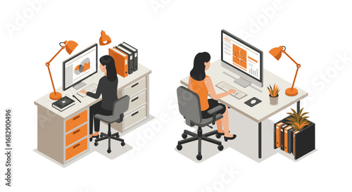 Isometric office workspace with woman at desk and computer