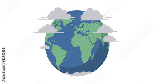 Flat earth design featuring clouds and continents in simplistic style