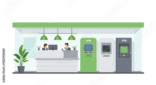 Modern bank interior with tellers and atms in flat design