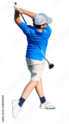 Young golfer swinging with transparent background