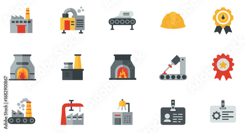 Industrial equipment and safety icons set with flat design