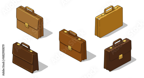 Isometric set of brown briefcases with handles and locks on white background