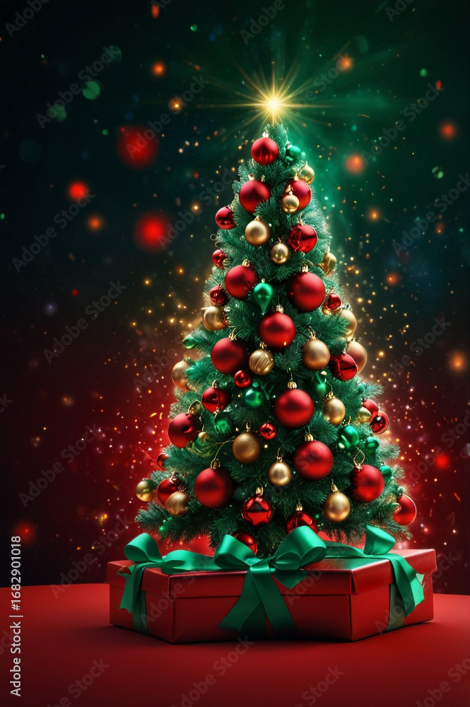 Obraz premium Festive Christmas tree with red ornaments and presents