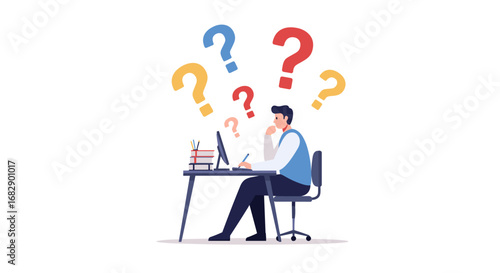 Confused office worker at desk with question marks around computer