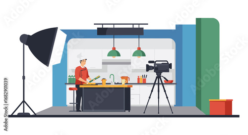 Chef filming cooking show in modern kitchen studio