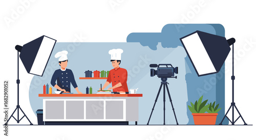 Professional cooking show studio setup with chefs and filming equipment